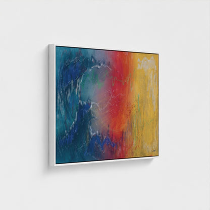 Abstract painting with blue, red, and yellow on a white wall