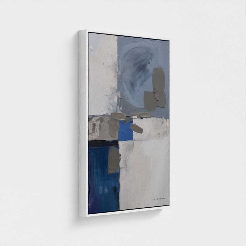 Abstract art piece with blue and gray tones on a white background