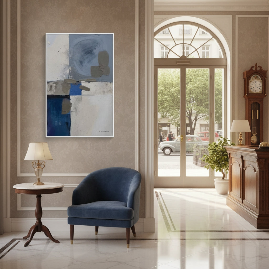 Modern interior with a blue armchair, abstract painting, and grandfather clock.