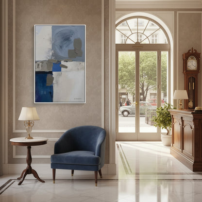 Modern interior with a blue armchair, abstract painting, and grandfather clock.