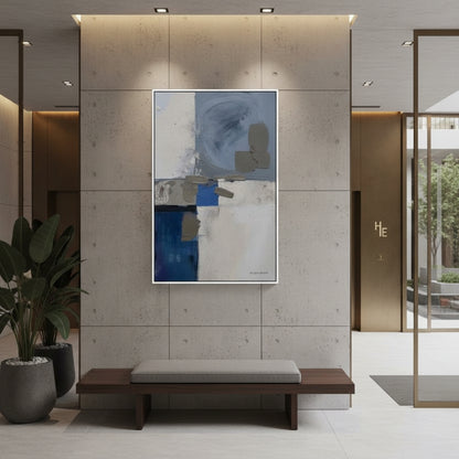 Modern interior with abstract art on a wall, bench, and plants.