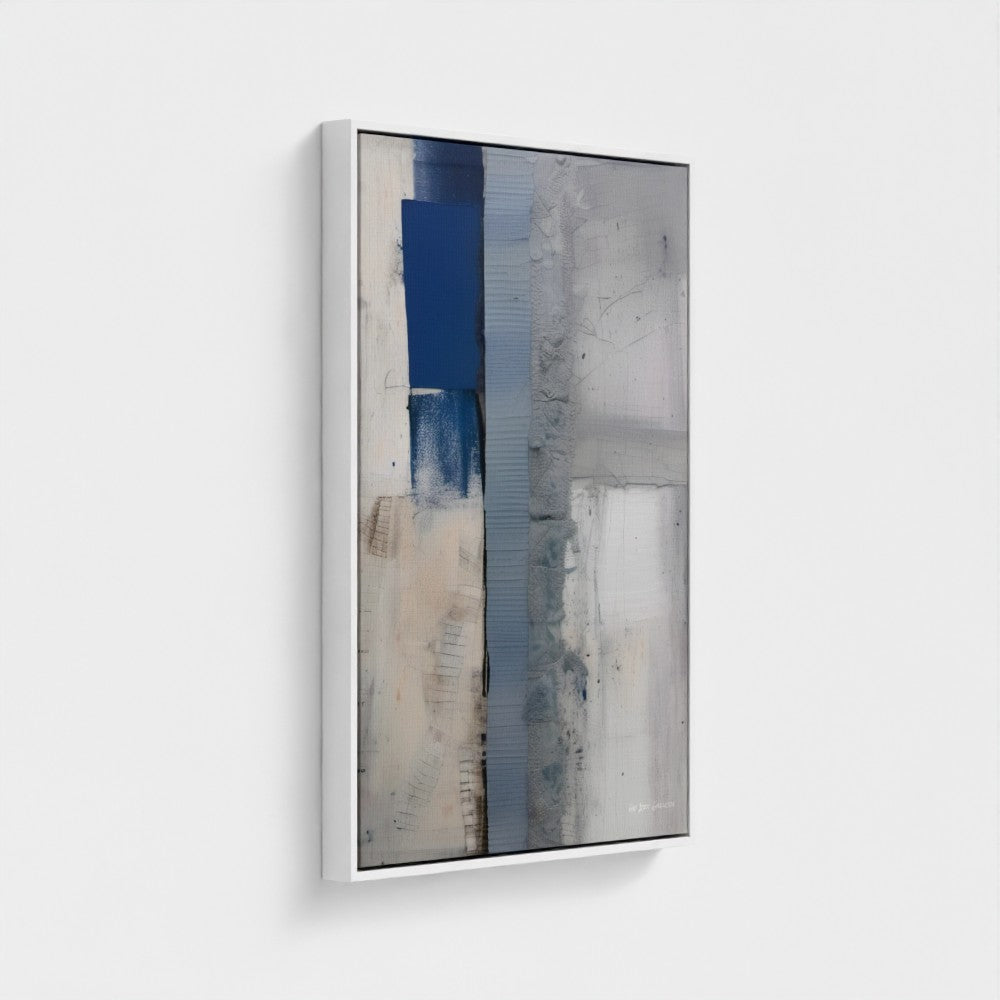 Abstract art piece with blue and gray tones on a white background