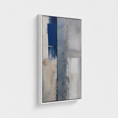 Abstract art piece with blue and gray tones on a white background