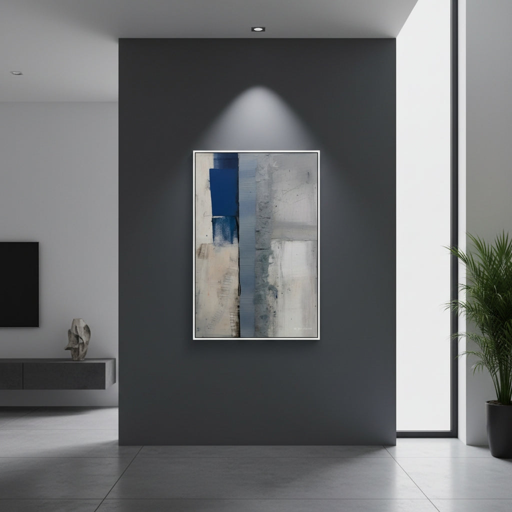 Abstract painting on a dark wall in a modern interior setting