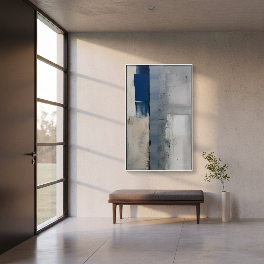 Modern interior with abstract art, bench, and plant near a large window.