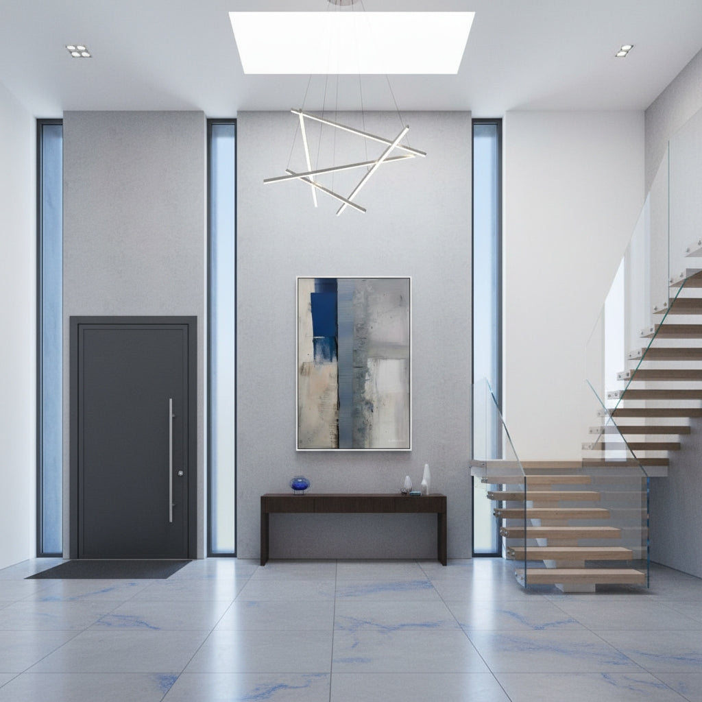 Modern interior with a staircase, wall art, and a door.