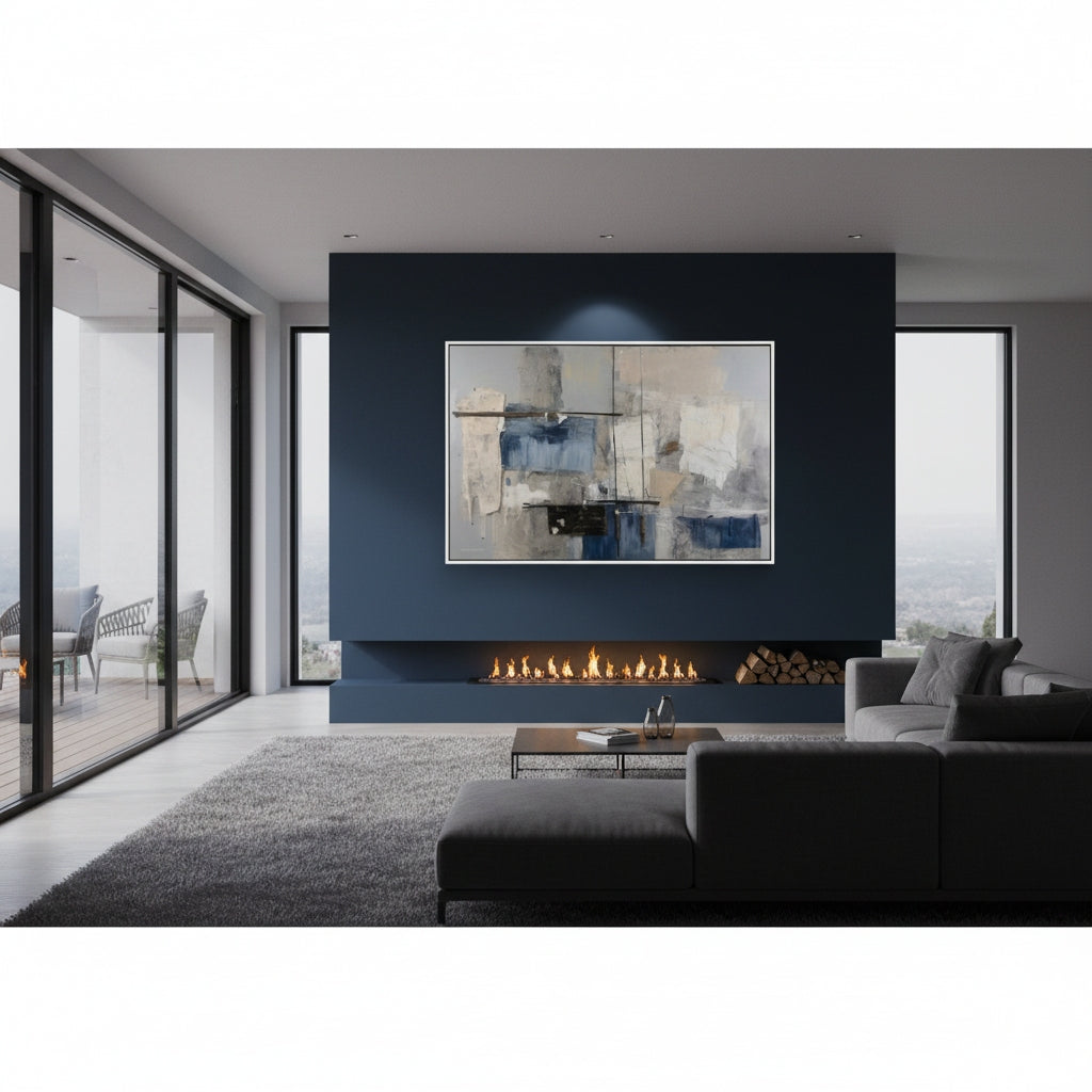 Modern living room with a fireplace and abstract painting
