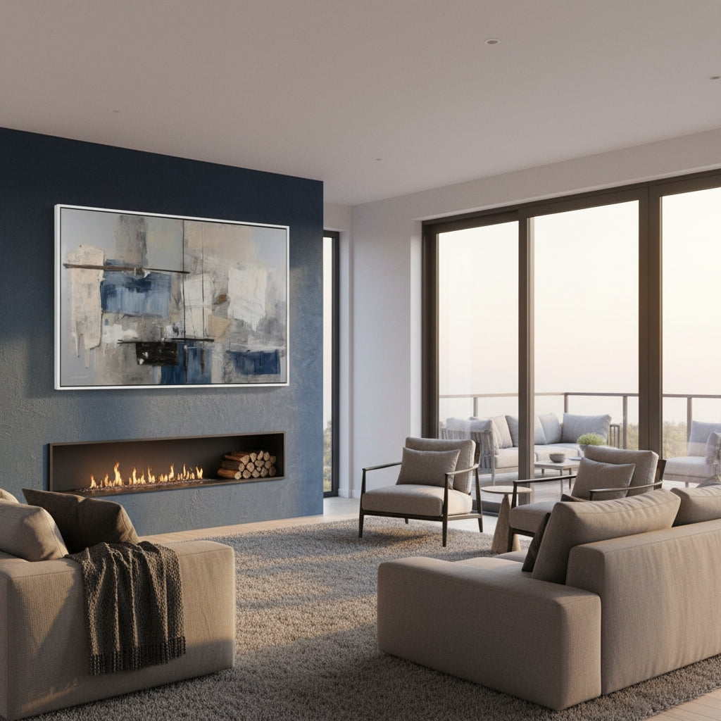 Modern living room with a fireplace, sofa, and abstract art on a blue wall.