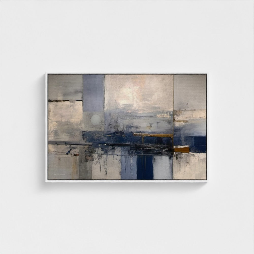 Abstract painting with blue and gray tones on a white wall