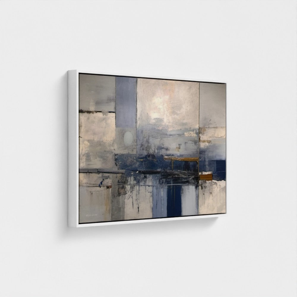 Abstract art painting with blue and gray tones on a white wall