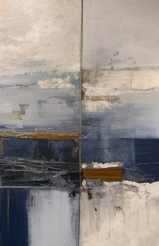 Abstract art piece with a mix of blue, gray, and brown colors.