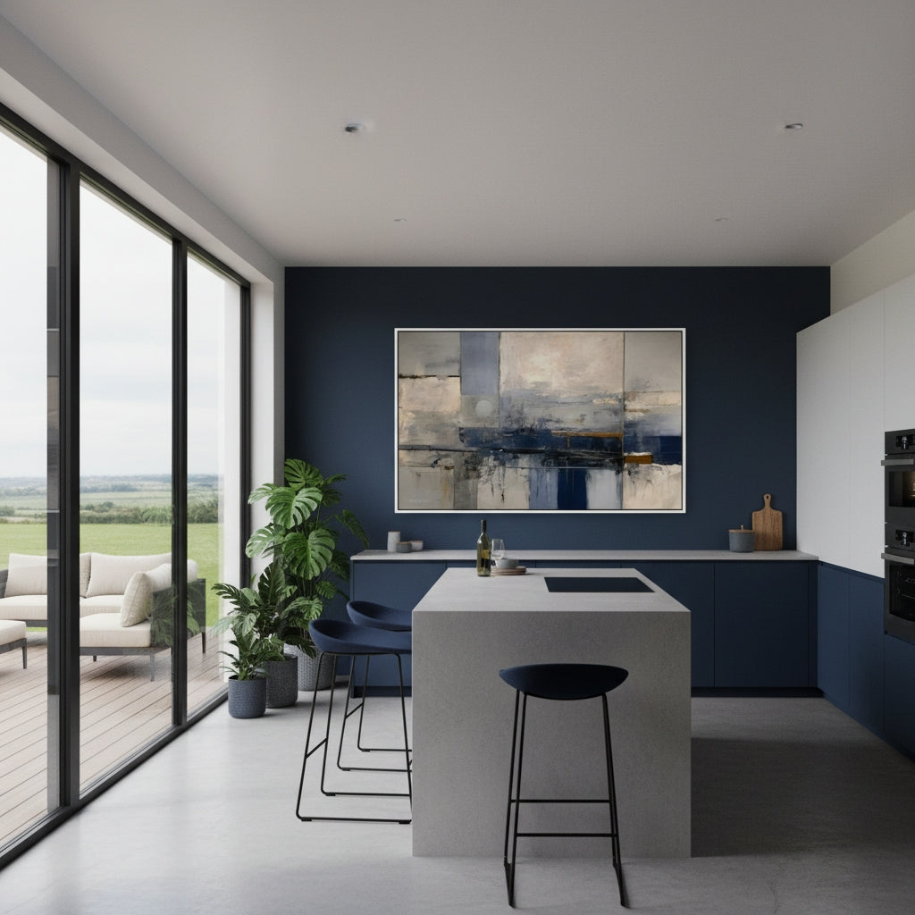Modern kitchen with a blue accent wall, white island, and abstract painting.