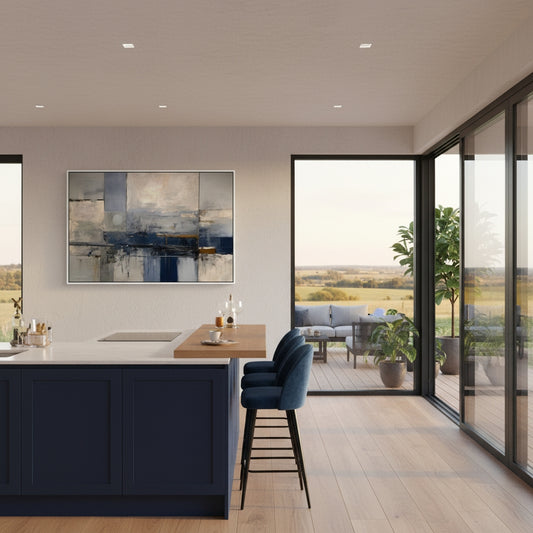 Modern kitchen with a blue island and blue bar stools, featuring a large window view.