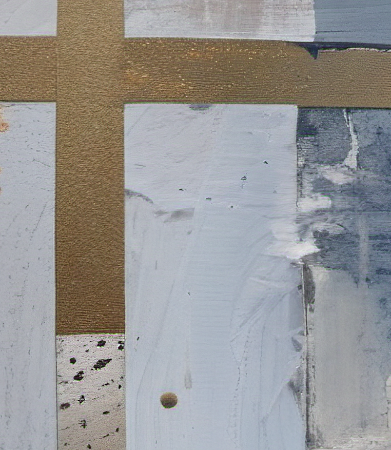 Abstract art piece with geometric shapes in brown, white, and blue.