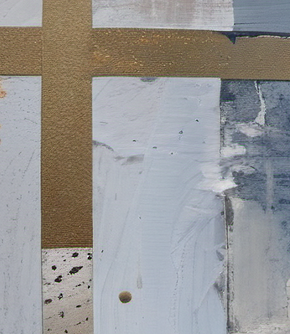 Abstract art piece with geometric shapes in brown, white, and blue.