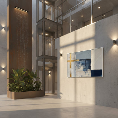 Modern interior with a painting on the wall, plant, and architectural elements.