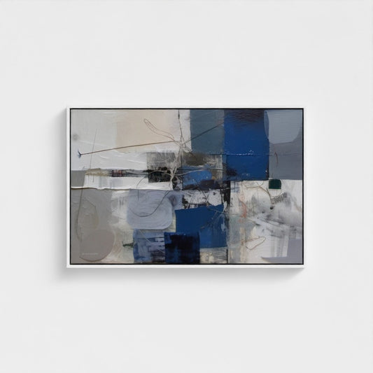 Abstract painting with blue, gray, and beige tones on a white wall