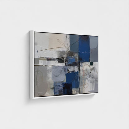 Abstract art piece with blue and gray tones on a white background