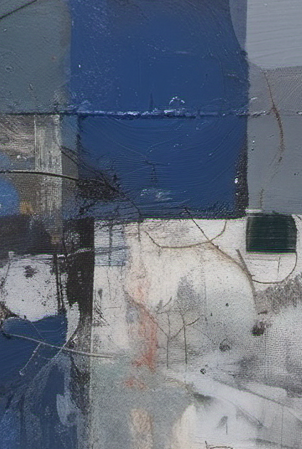 Abstract art piece with blue, gray, and white colors