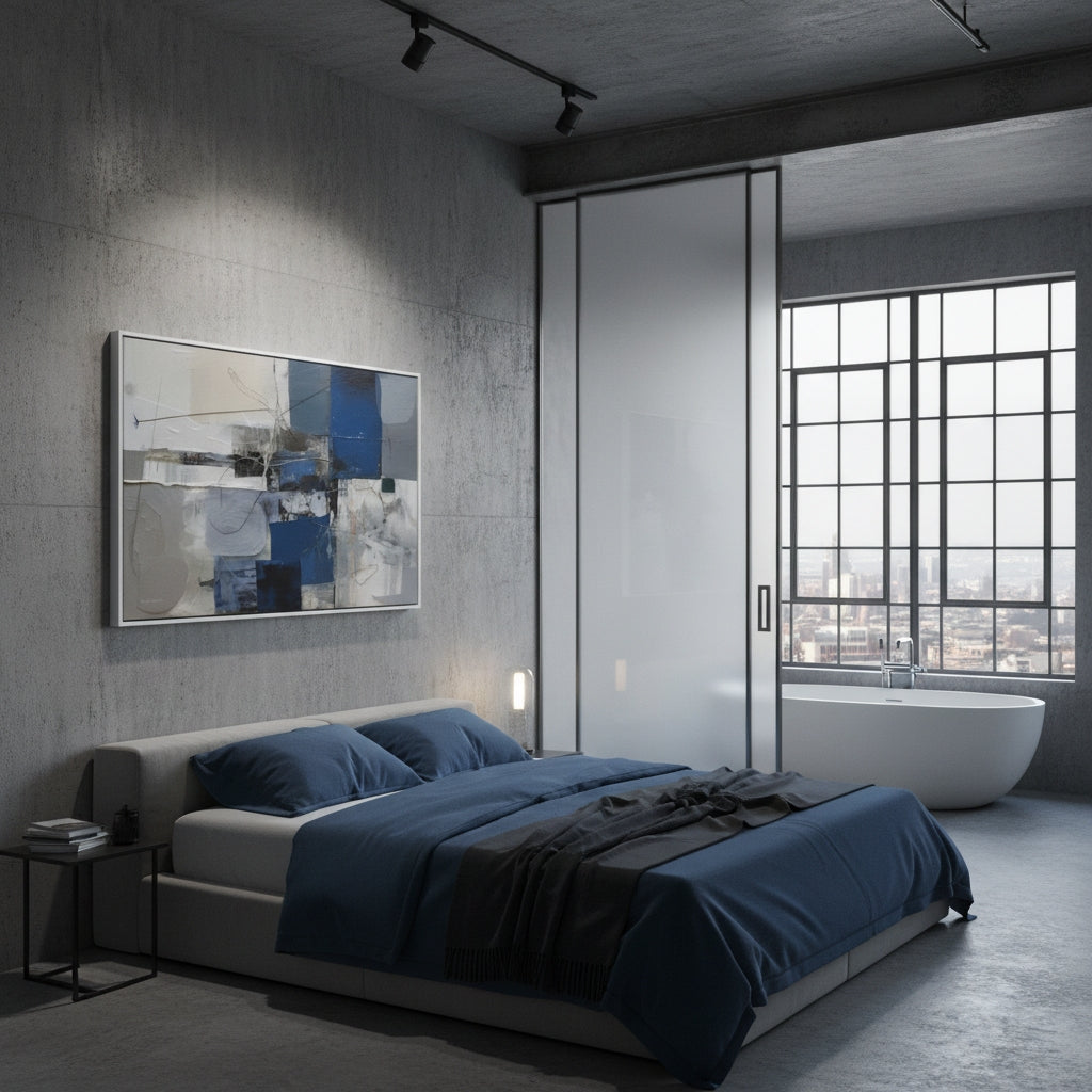 Modern bedroom with a bed, abstract painting, and bathtub.