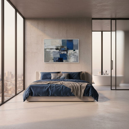 Modern bedroom with a bed, abstract painting, and city view