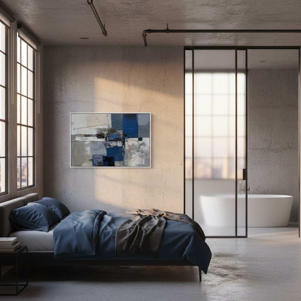 Modern bedroom with a bed, abstract painting, and glass partition.