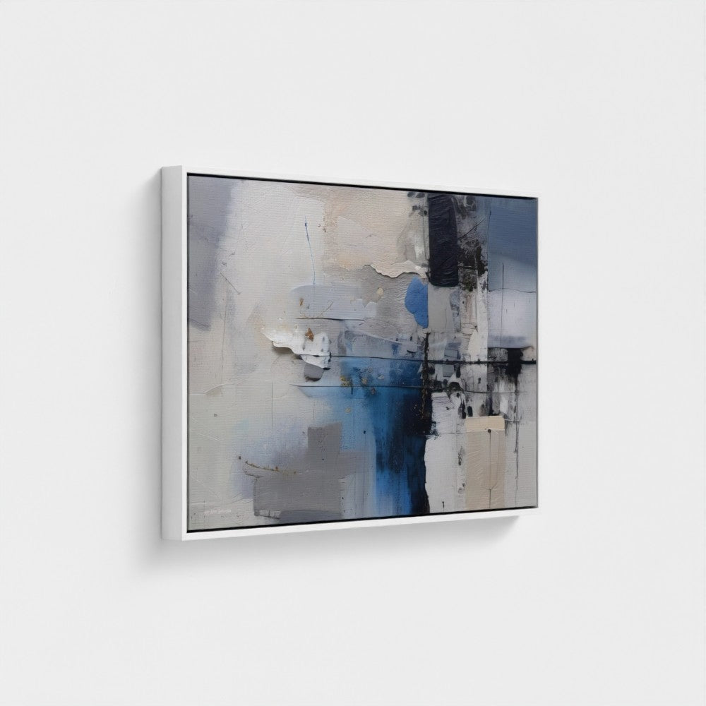 Abstract art piece with blue, black, and white colors on a light gray background