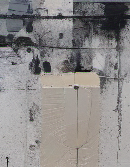 Close-up of a textured wall with a rectangular beige object on a black and white background