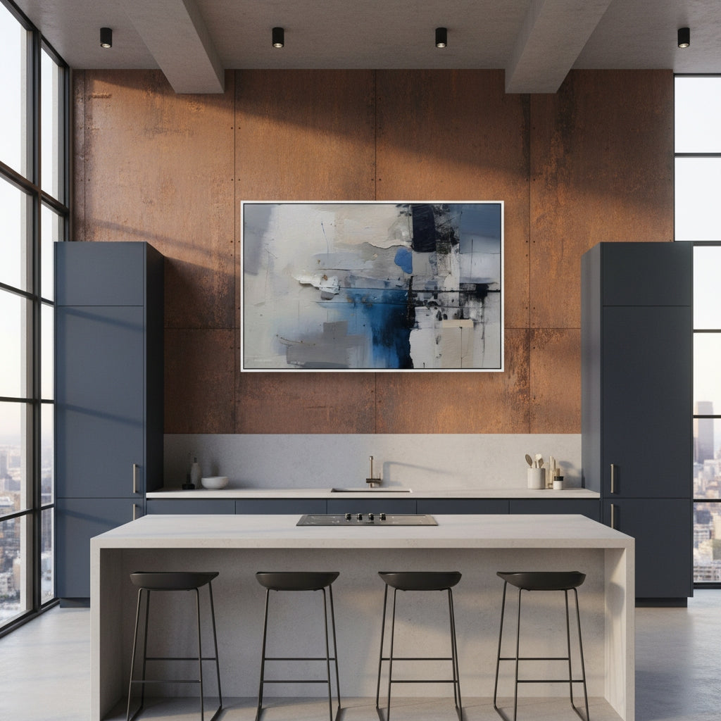 Modern kitchen with abstract art on a metallic wall