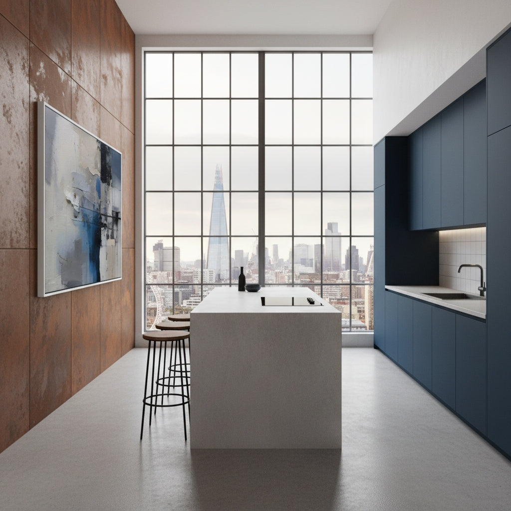 Modern kitchen with a large window view of a city skyline