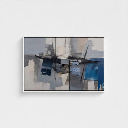 Abstract art piece with blue and gray tones on a white wall