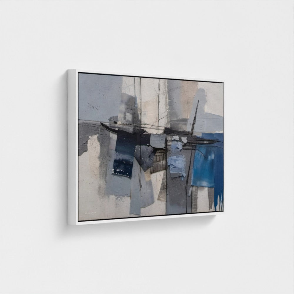 Framed abstract art piece with blue and gray tones on a white background