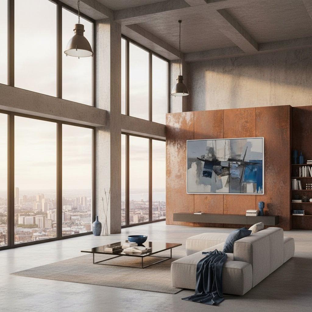 Modern living room with large windows, a sofa, and decorative items.