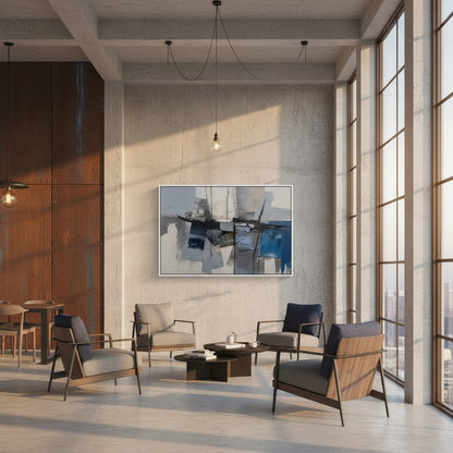 Modern living room with abstract painting on wall and large windows