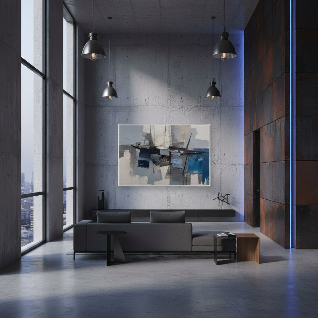 Modern living room with large windows, gray sofa, and abstract painting on a concrete wall.