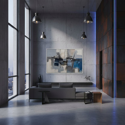 Modern living room with large windows, gray sofa, and abstract painting on a concrete wall.