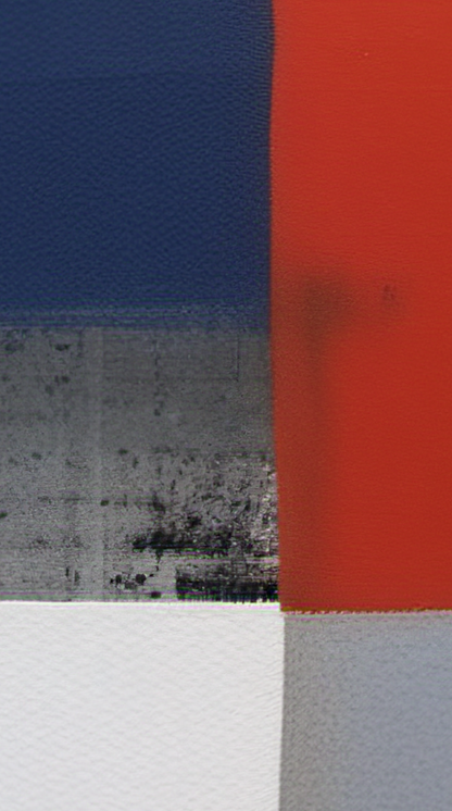 Abstract art with geometric shapes in blue, red, and gray.