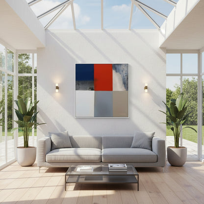 Modern living room with a gray sofa, coffee table, and abstract art on a white wall.