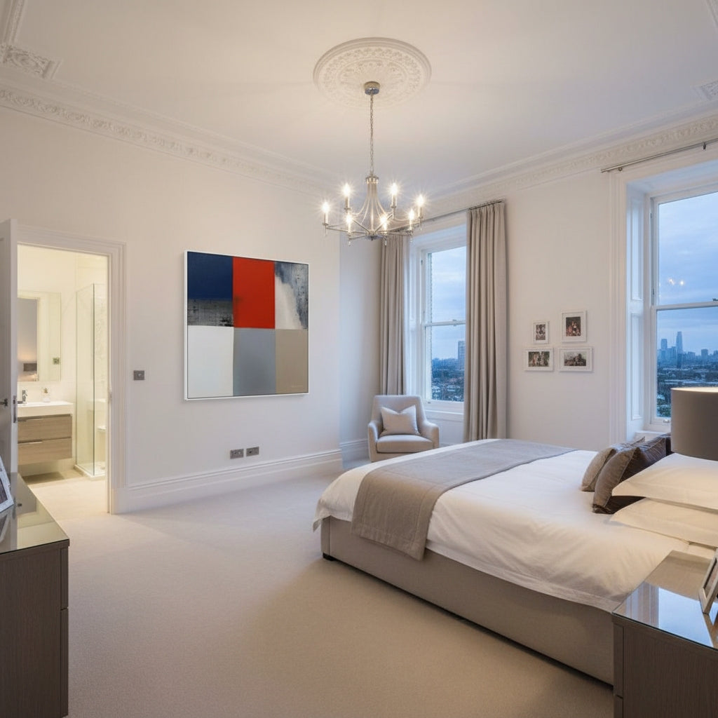 Modern bedroom with a chandelier, bed, and city view
