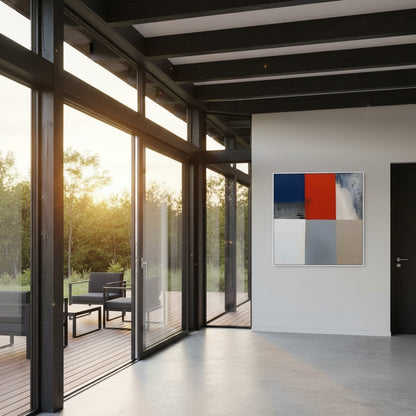 Modern interior with large glass doors leading to a deck, featuring a colorful abstract painting on the wall.