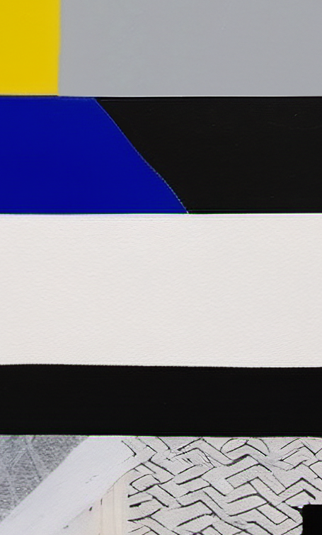 Abstract design with geometric shapes in black, blue, yellow, and gray on a textured surface.