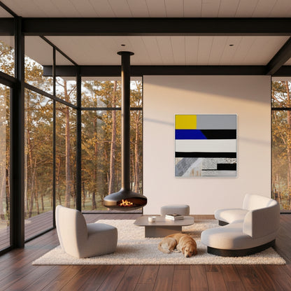 Modern living room with a fireplace, abstract painting, and a dog lying on the floor.