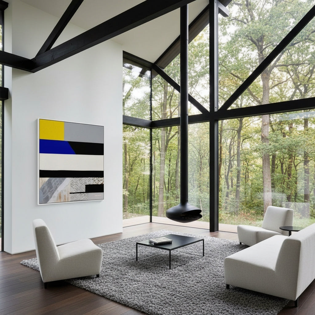 Modern living room with large windows, white furniture, and a abstract painting.