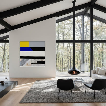 Modern living room with abstract art, chairs, and a fireplace.