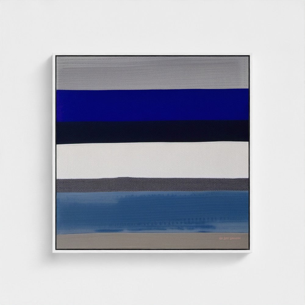 Abstract art piece with horizontal stripes in blue, black, and gray on a white background