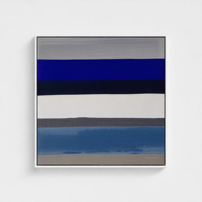 Abstract art piece with horizontal stripes in blue, black, and gray on a white background