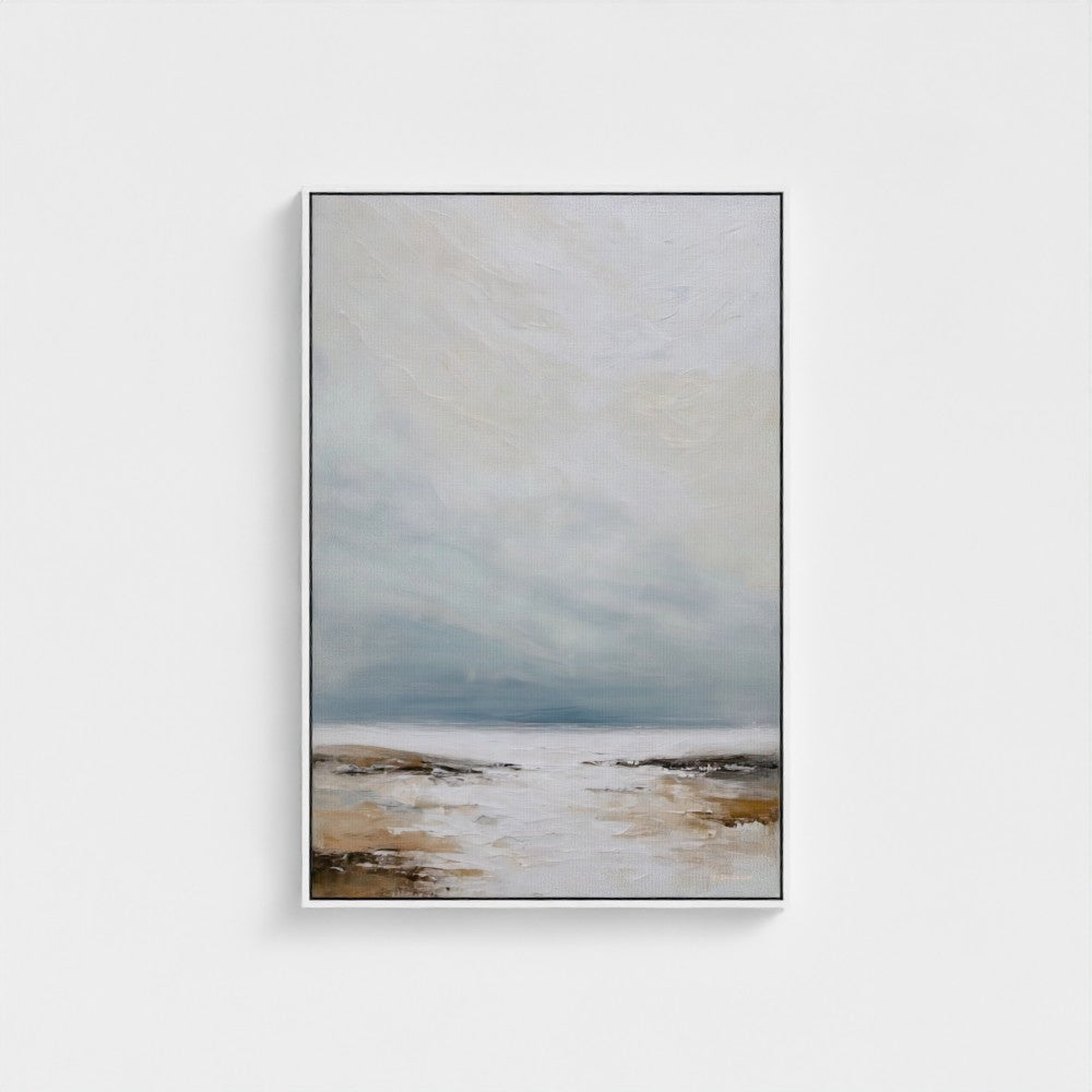 Framed abstract artwork with a landscape theme on a white background