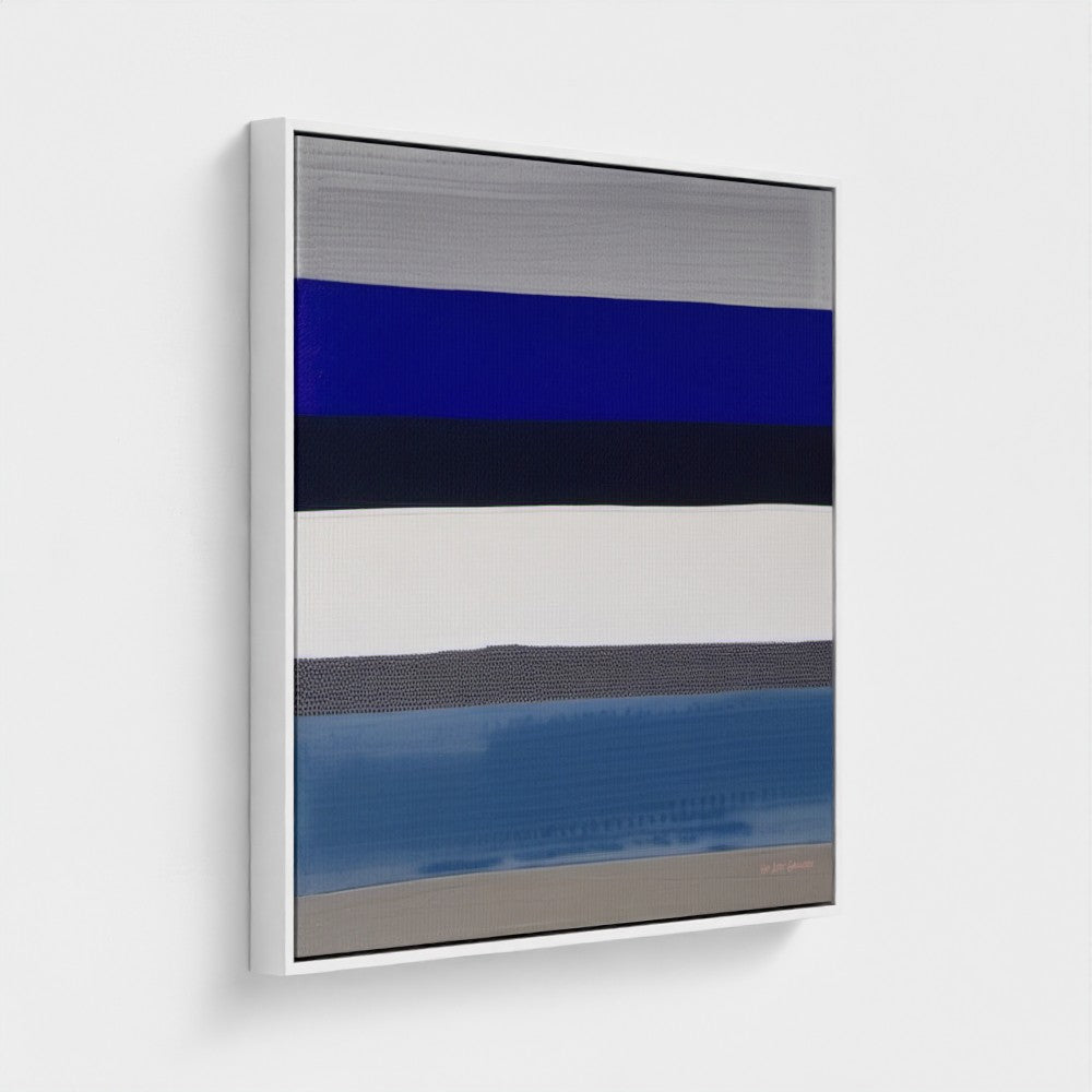 Abstract art piece with horizontal stripes in blue, black, and gray on a white background