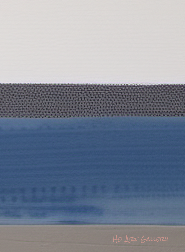 Textured fabric swatch with horizontal stripes in gray, white, and blue on a white background.