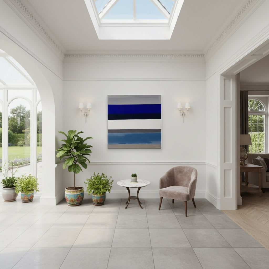 Modern interior with a abstract painting, chair, and potted plants.